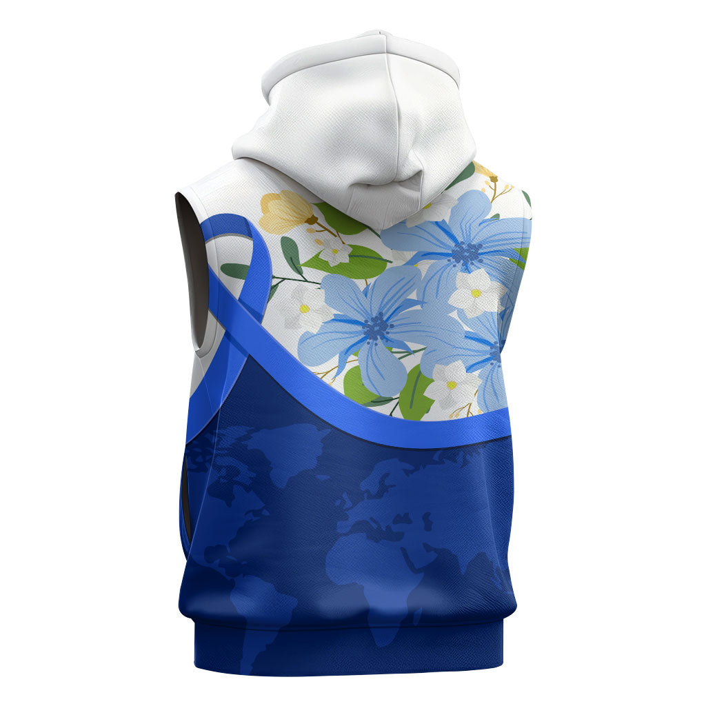 Diabetes Awareness Ribbon Sleeveless Zip Hoodie Floral Blue Ribbon World Map