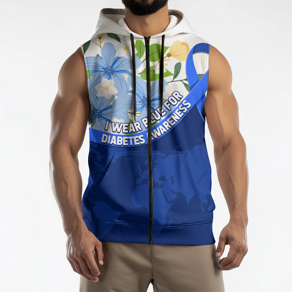 Diabetes Awareness Ribbon Sleeveless Zip Hoodie Floral Blue Ribbon World Map