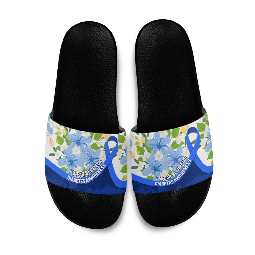 Diabetes Awareness Ribbon Slide Sandals Floral Blue Ribbon World Map
