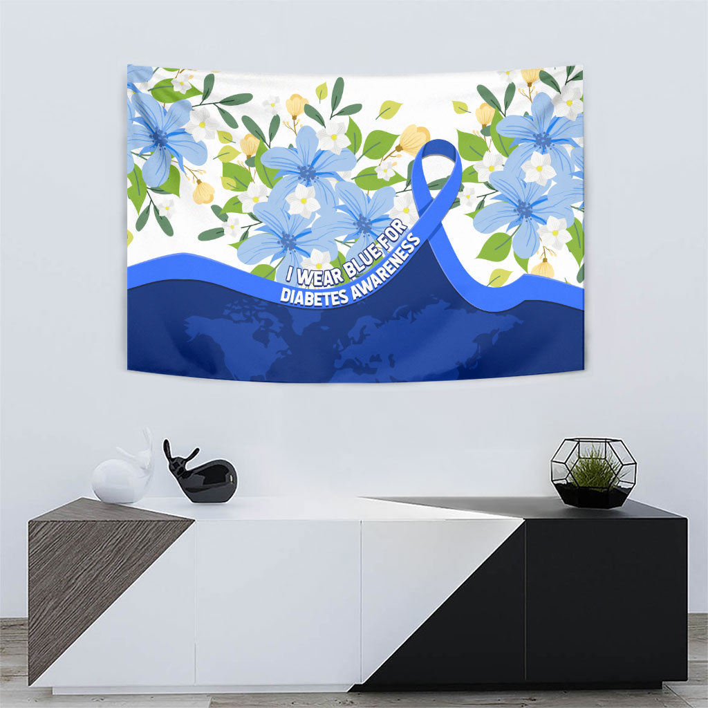Diabetes Awareness Ribbon Tapestry Floral Blue Ribbon World Map