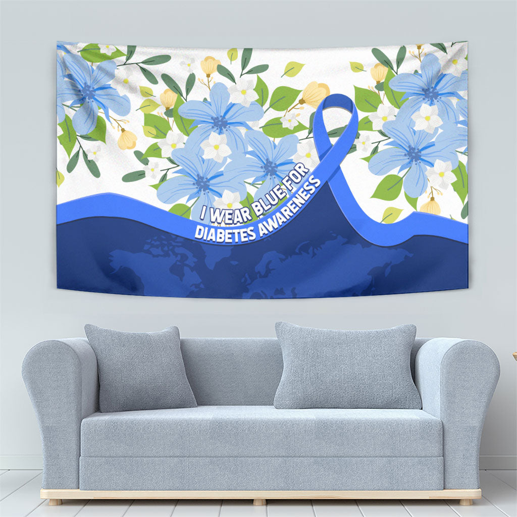 Diabetes Awareness Ribbon Tapestry Floral Blue Ribbon World Map