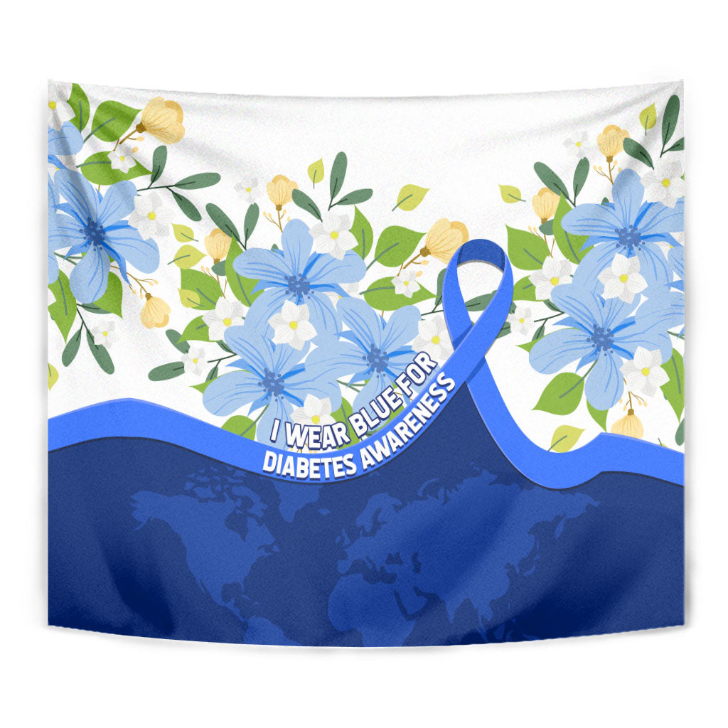 Diabetes Awareness Ribbon Tapestry Floral Blue Ribbon World Map
