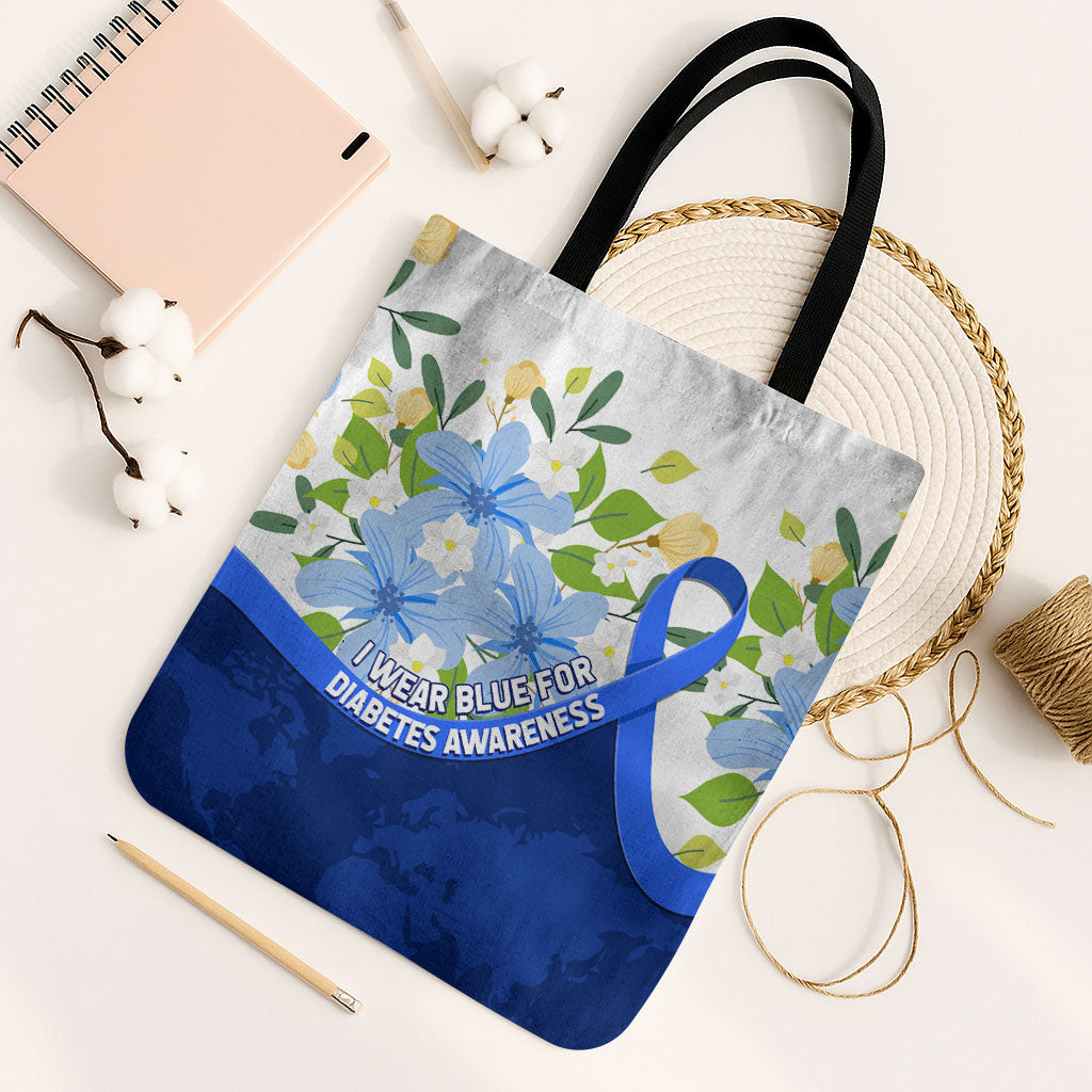 Diabetes Awareness Ribbon Tote Bag Floral Blue Ribbon World Map