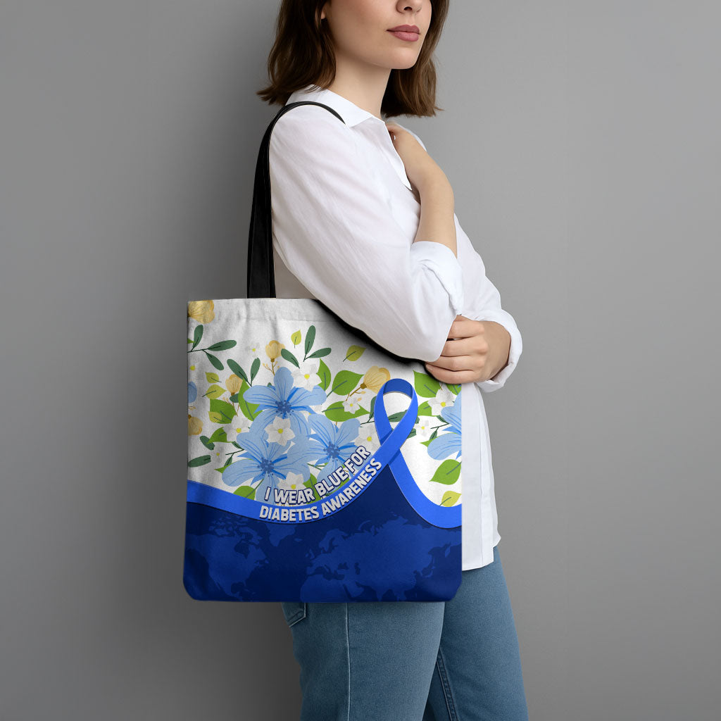 Diabetes Awareness Ribbon Tote Bag Floral Blue Ribbon World Map