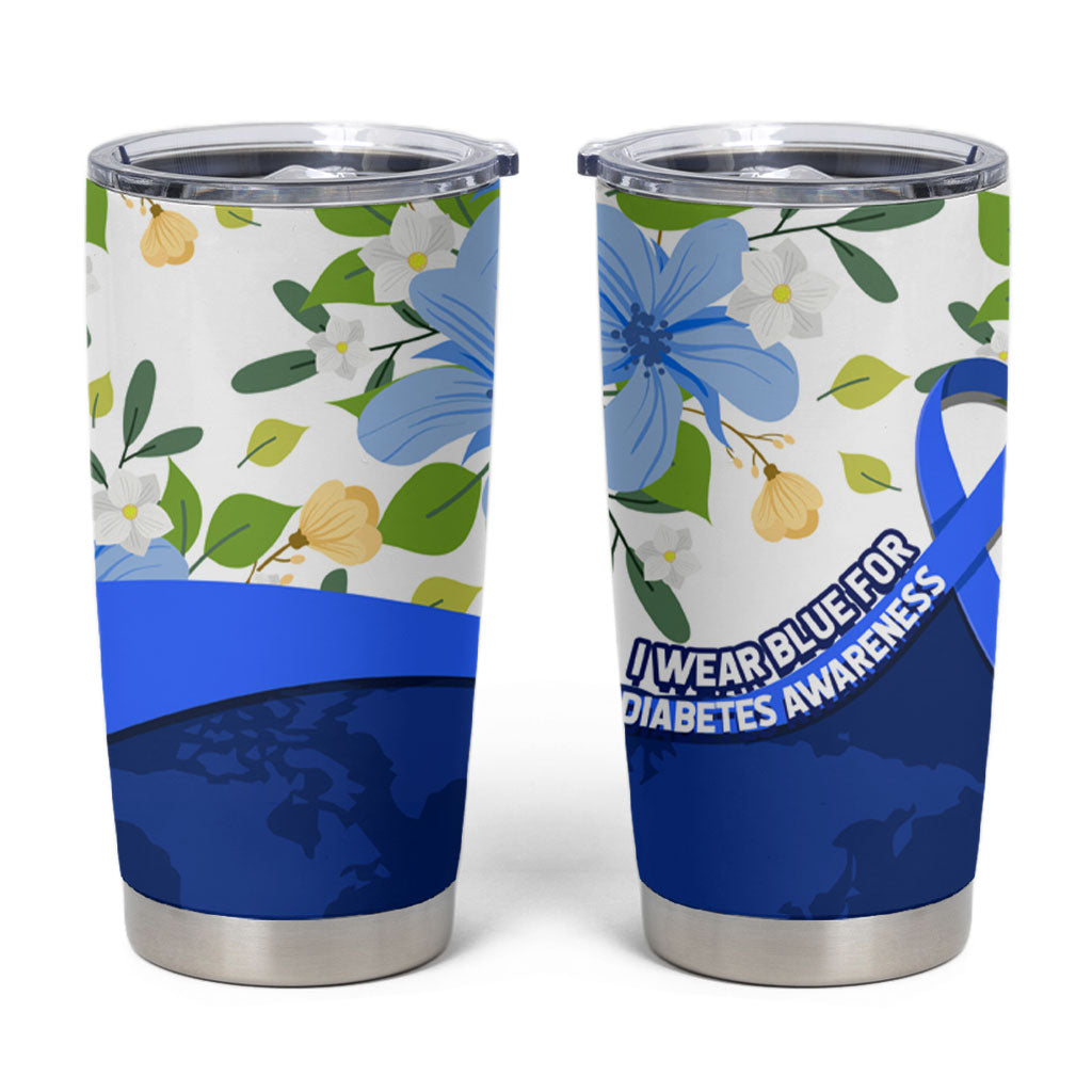 Diabetes Awareness Ribbon Tumbler Cup Floral Blue Ribbon World Map