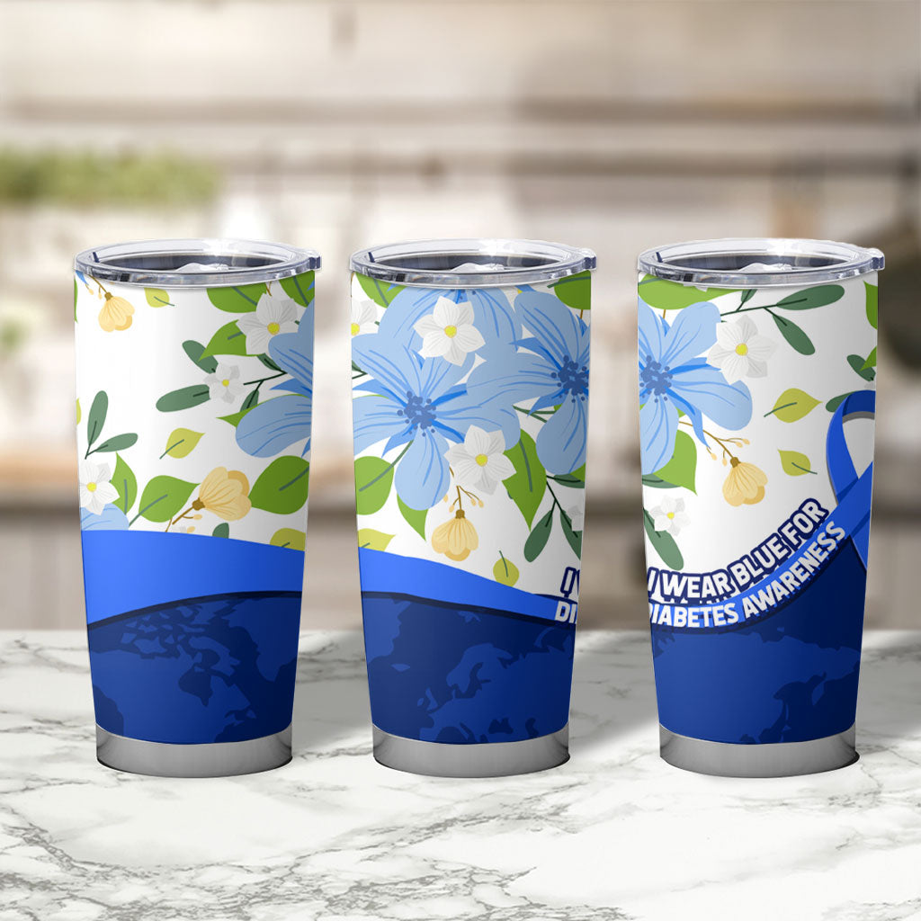 Diabetes Awareness Ribbon Tumbler Cup Floral Blue Ribbon World Map