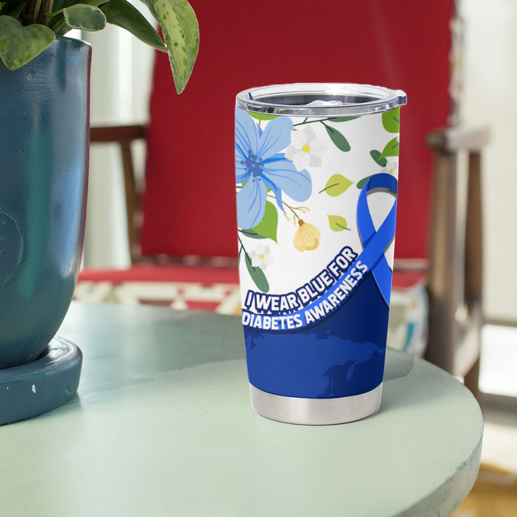 Diabetes Awareness Ribbon Tumbler Cup Floral Blue Ribbon World Map
