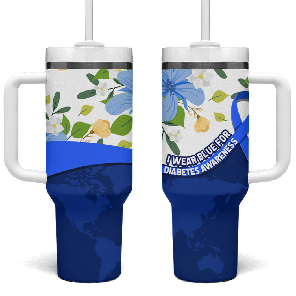 Diabetes Awareness Ribbon Tumbler With Handle Floral Blue Ribbon World Map