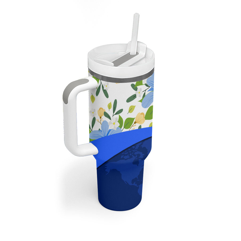 Diabetes Awareness Ribbon Tumbler With Handle Floral Blue Ribbon World Map