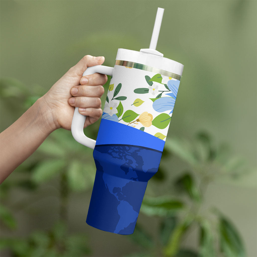 Diabetes Awareness Ribbon Tumbler With Handle Floral Blue Ribbon World Map
