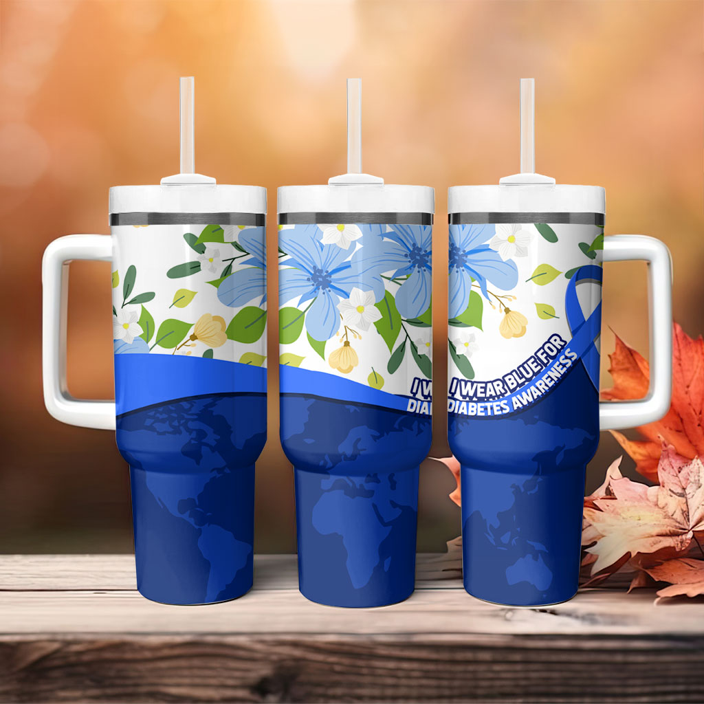 Diabetes Awareness Ribbon Tumbler With Handle Floral Blue Ribbon World Map