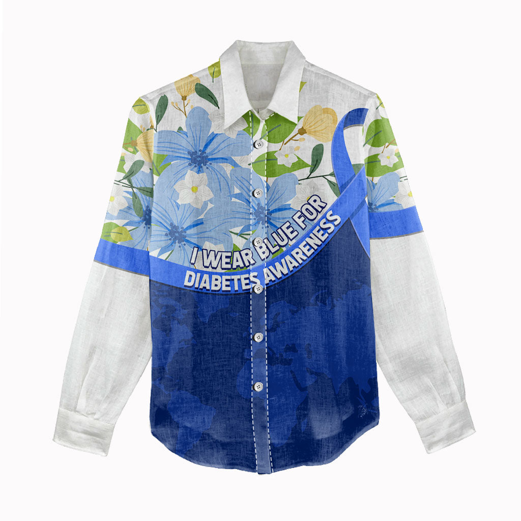Diabetes Awareness Ribbon Women Casual Shirt Floral Blue Ribbon World Map