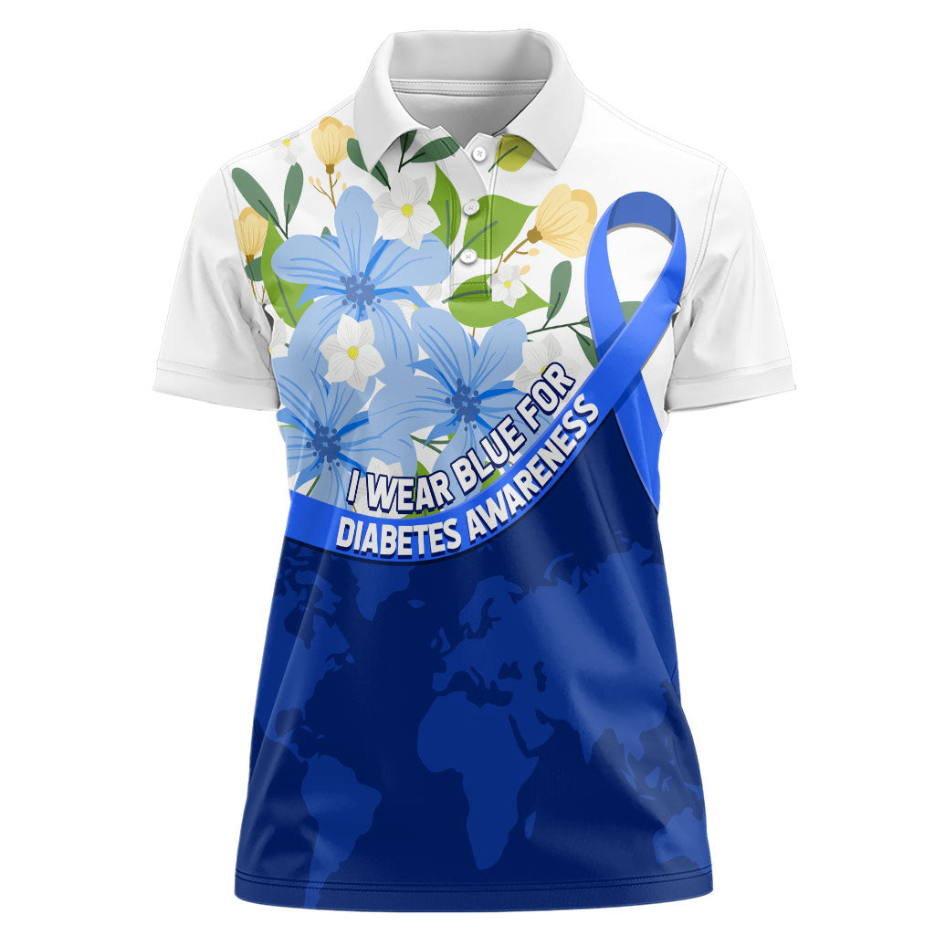 Diabetes Awareness Ribbon Women Polo Shirt Floral Blue Ribbon World Map