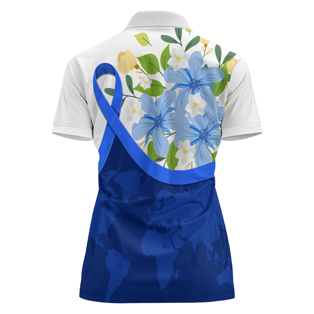 Diabetes Awareness Ribbon Women Polo Shirt Floral Blue Ribbon World Map