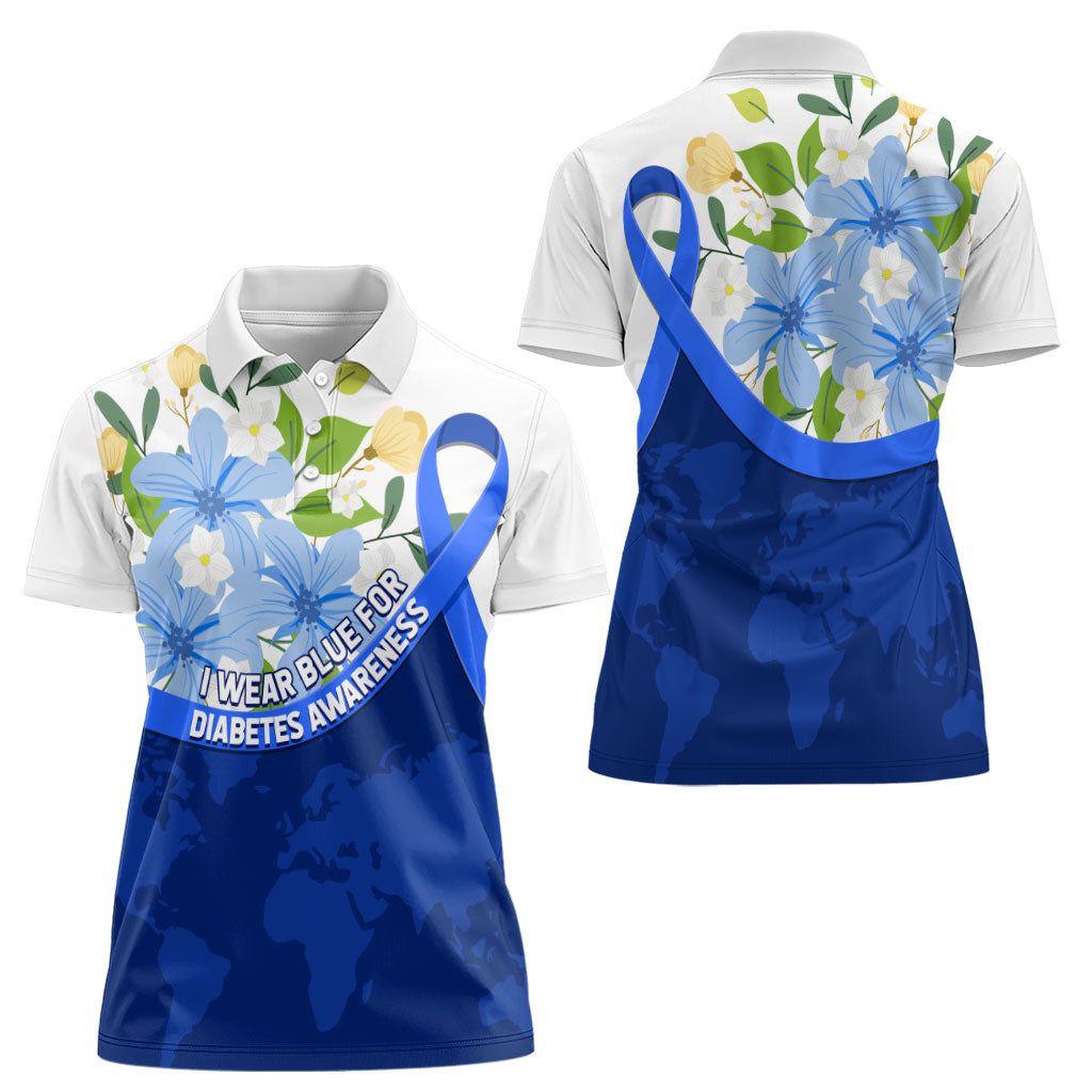 Diabetes Awareness Ribbon Women Polo Shirt Floral Blue Ribbon World Map