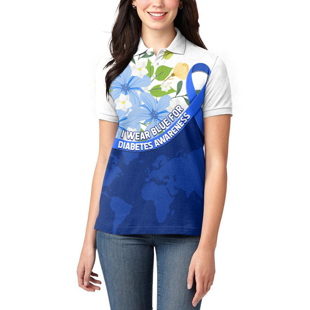 Diabetes Awareness Ribbon Women Polo Shirt Floral Blue Ribbon World Map
