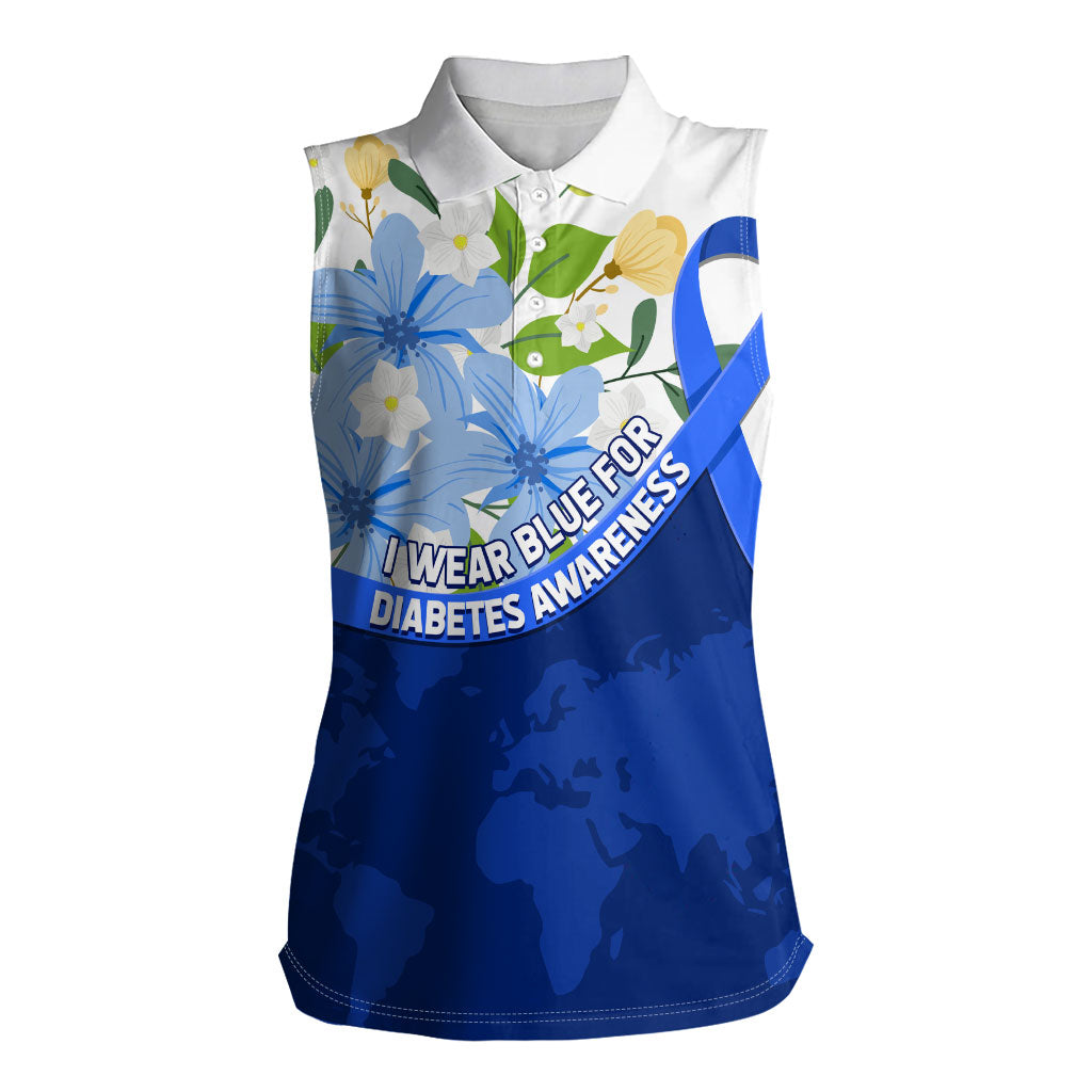 Diabetes Awareness Ribbon Women Sleeveless Polo Shirt Floral Blue Ribbon World Map