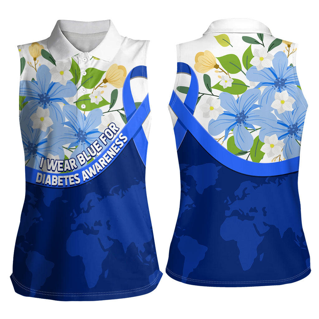 Diabetes Awareness Ribbon Women Sleeveless Polo Shirt Floral Blue Ribbon World Map