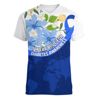 Diabetes Awareness Ribbon Women V-Neck T-Shirt Floral Blue Ribbon World Map