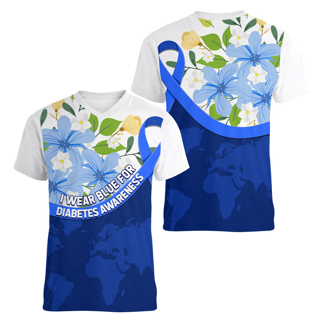 Diabetes Awareness Ribbon Women V-Neck T-Shirt Floral Blue Ribbon World Map