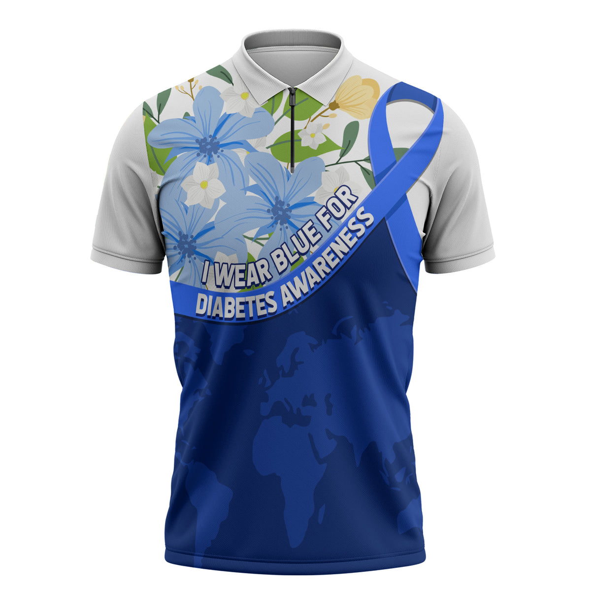Diabetes Awareness Ribbon Zipper Polo Shirt Floral Blue Ribbon World Map