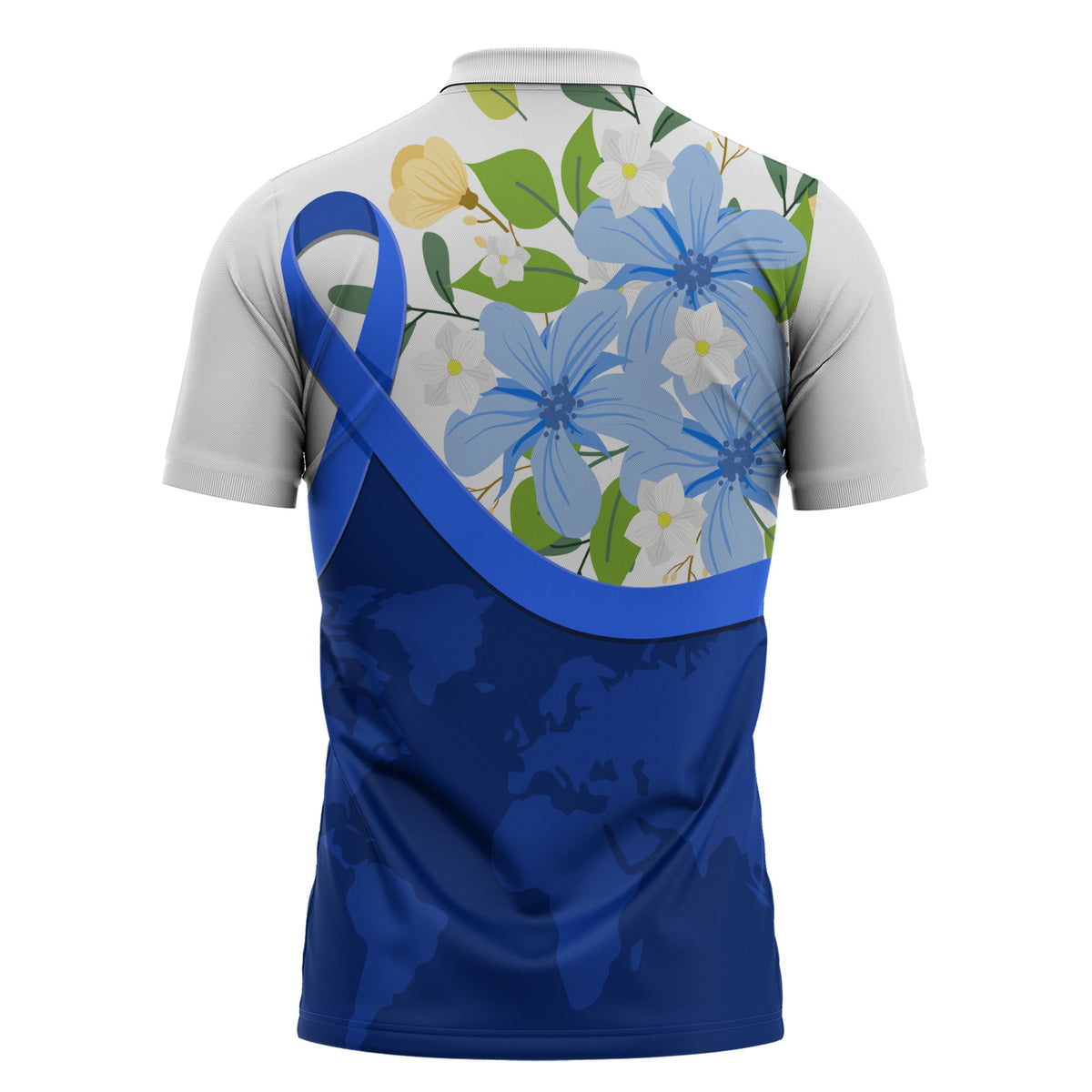 Diabetes Awareness Ribbon Zipper Polo Shirt Floral Blue Ribbon World Map