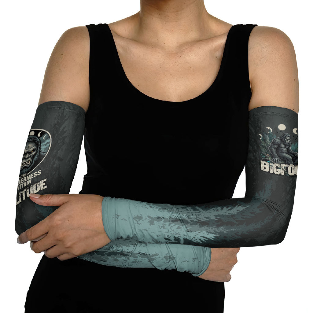 Bigfoot Wilderness Solitude Arm Sleeves Cryptid Forest Graphic In Distressed Vintage Style