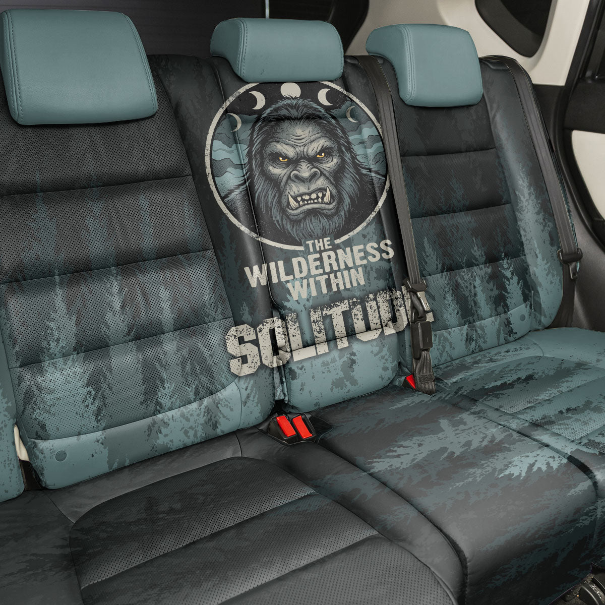 Bigfoot Wilderness Solitude Back Car Seat Cover Cryptid Forest Graphic In Distressed Vintage Style
