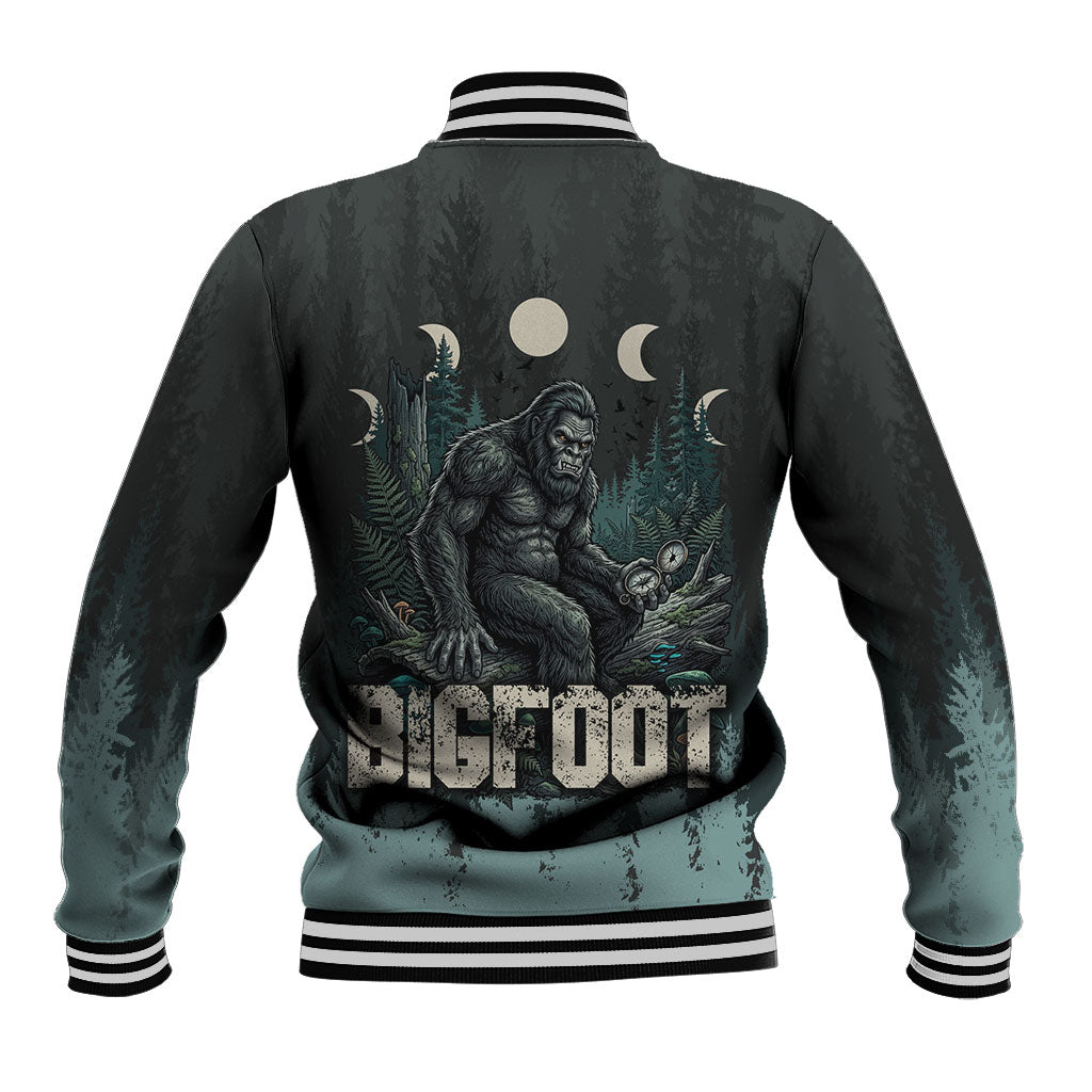 Bigfoot Wilderness Solitude Baseball Jacket Cryptid Forest Graphic In Distressed Vintage Style