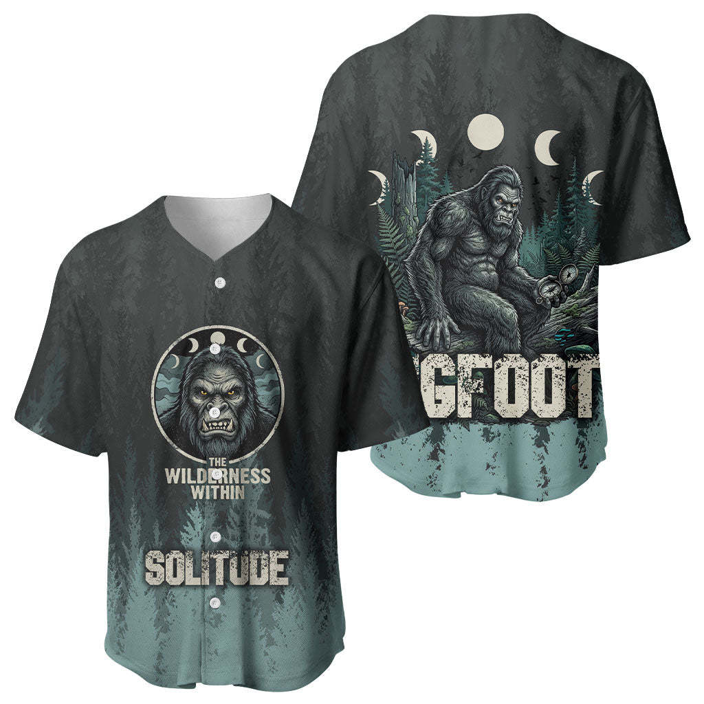 Bigfoot Wilderness Solitude Baseball Jersey Cryptid Forest Graphic In Distressed Vintage Style