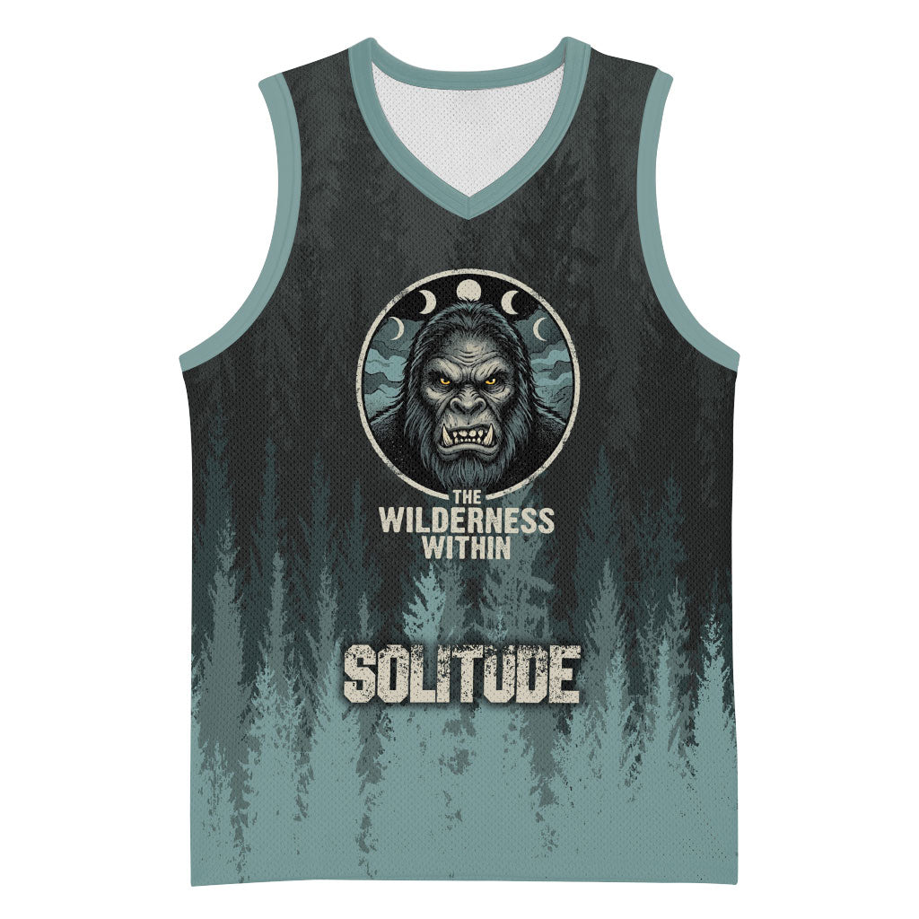 Bigfoot Wilderness Solitude Basketball Jersey Cryptid Forest Graphic In Distressed Vintage Style