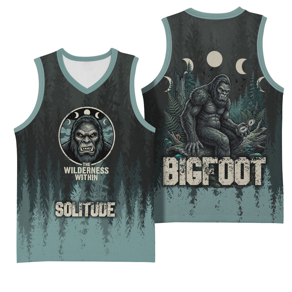 Bigfoot Wilderness Solitude Basketball Jersey Cryptid Forest Graphic In Distressed Vintage Style