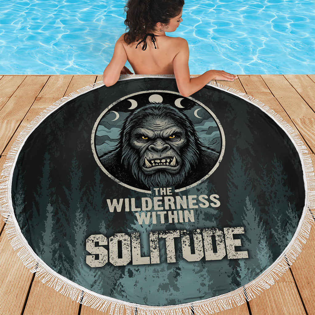 Bigfoot Wilderness Solitude Beach Blanket Cryptid Forest Graphic In Distressed Vintage Style