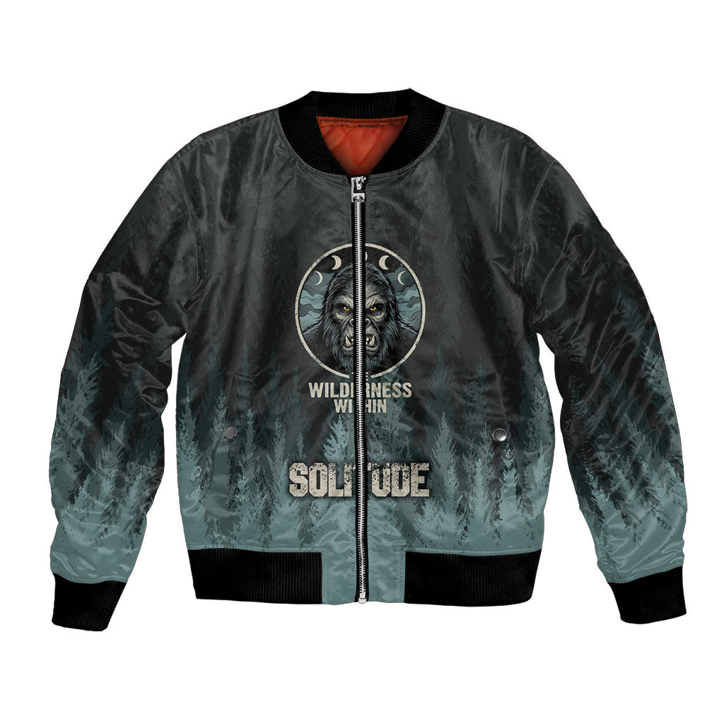 Bigfoot Wilderness Solitude Bomber Jacket Cryptid Forest Graphic In Distressed Vintage Style
