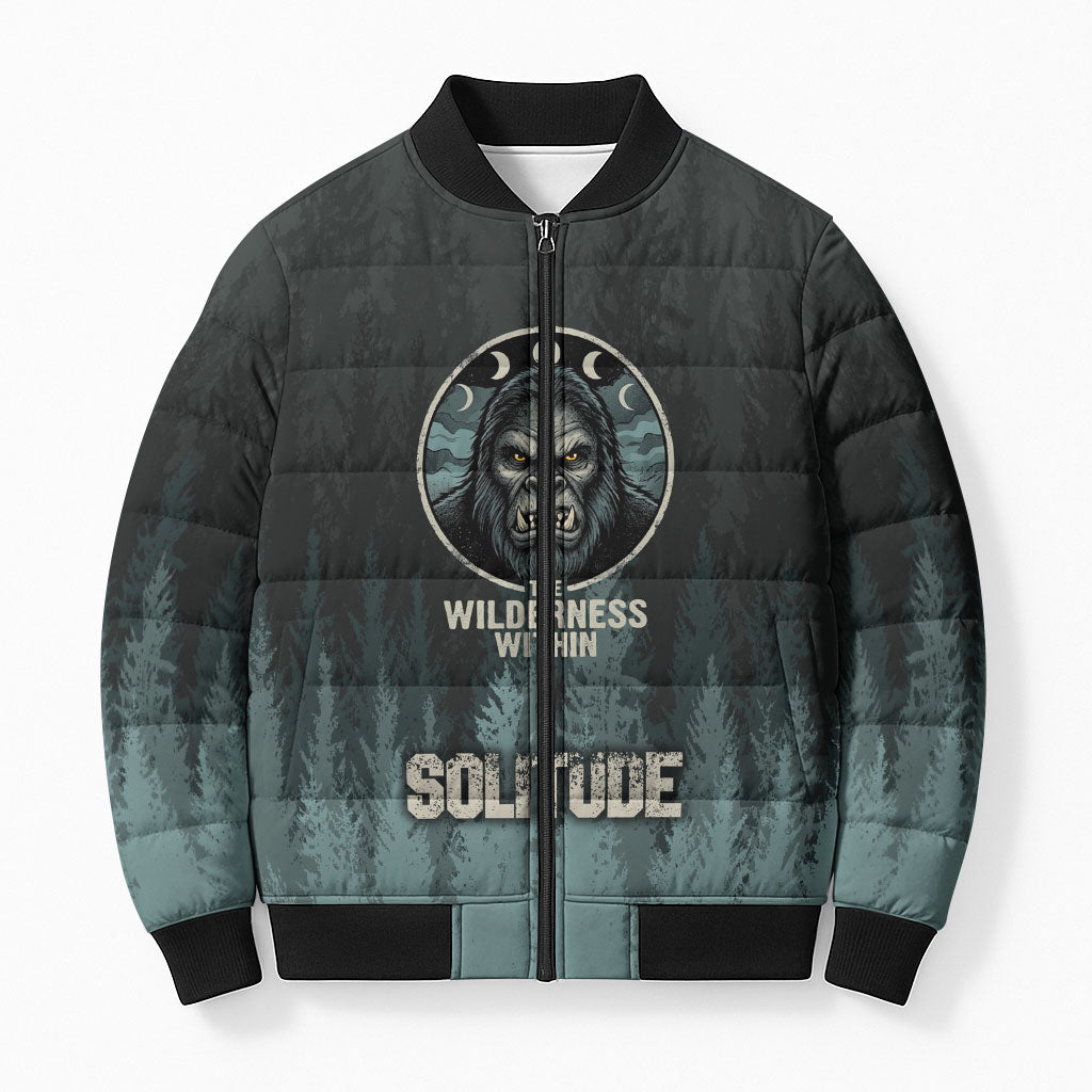 Bigfoot Wilderness Solitude Bomber Puffer Jacket Cryptid Forest Graphic In Distressed Vintage Style