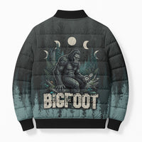 Bigfoot Wilderness Solitude Bomber Puffer Jacket Cryptid Forest Graphic In Distressed Vintage Style
