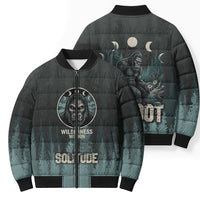 Bigfoot Wilderness Solitude Bomber Puffer Jacket Cryptid Forest Graphic In Distressed Vintage Style