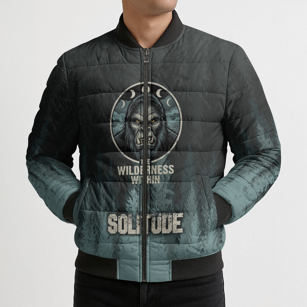 Bigfoot Wilderness Solitude Bomber Puffer Jacket Cryptid Forest Graphic In Distressed Vintage Style