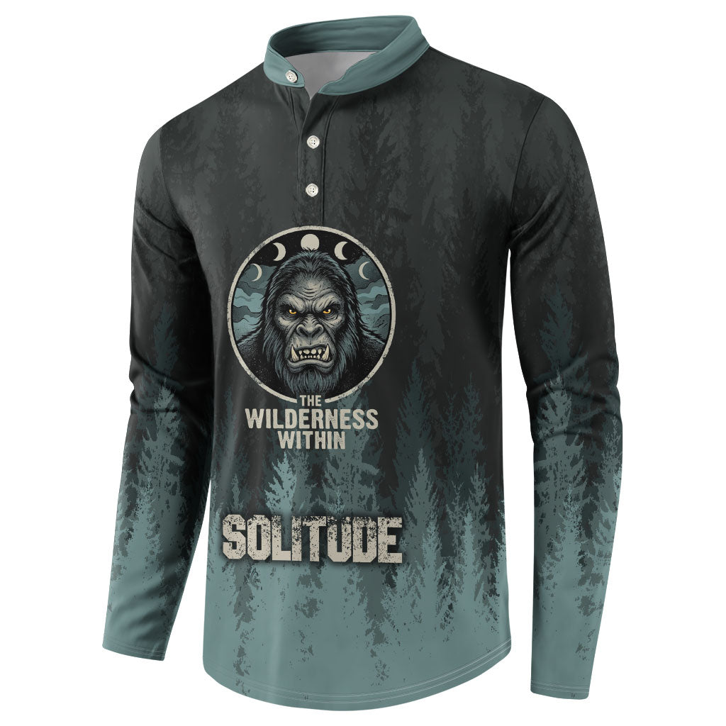 Bigfoot Wilderness Solitude Button Sweatshirt Cryptid Forest Graphic In Distressed Vintage Style