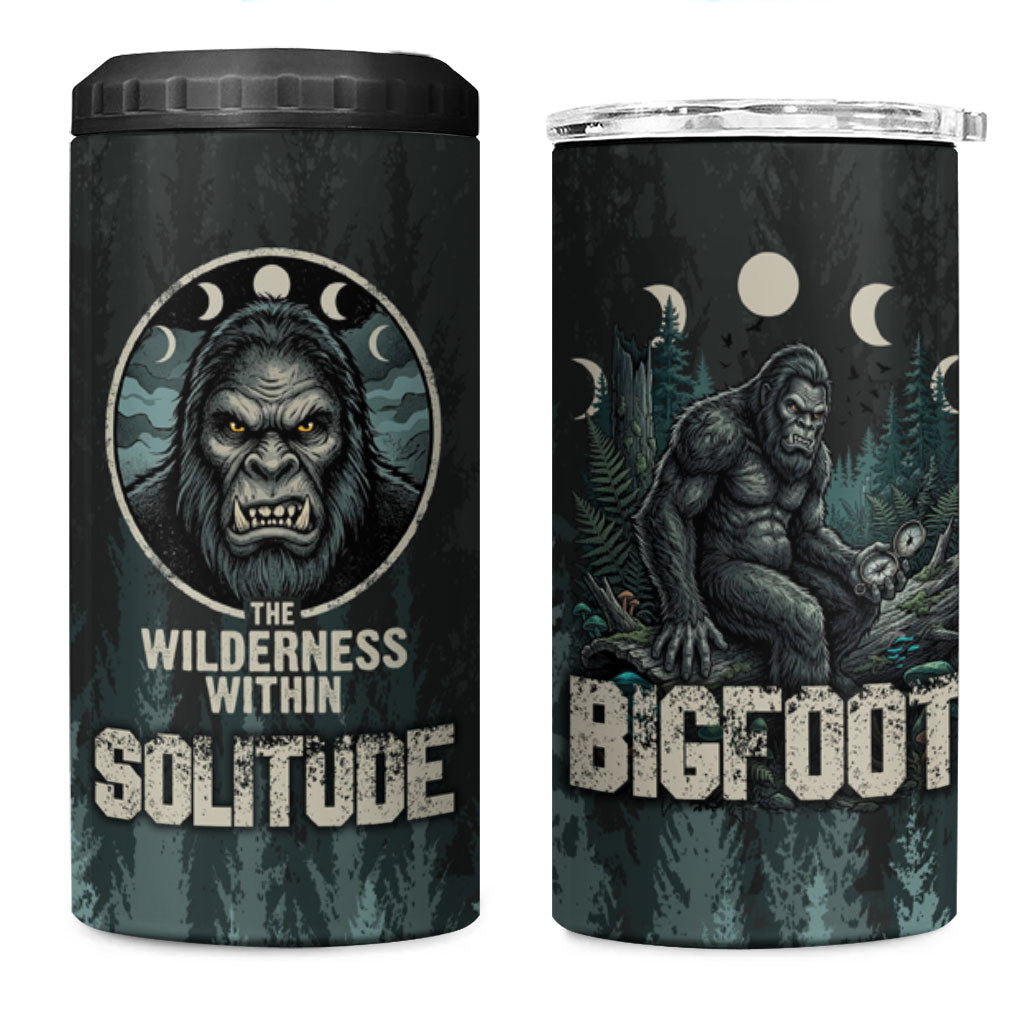 Bigfoot Wilderness Solitude 4 in 1 Can Cooler Tumbler Cryptid Forest Graphic In Distressed Vintage Style