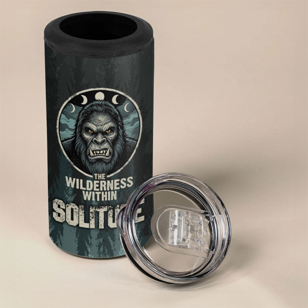 Bigfoot Wilderness Solitude 4 in 1 Can Cooler Tumbler Cryptid Forest Graphic In Distressed Vintage Style