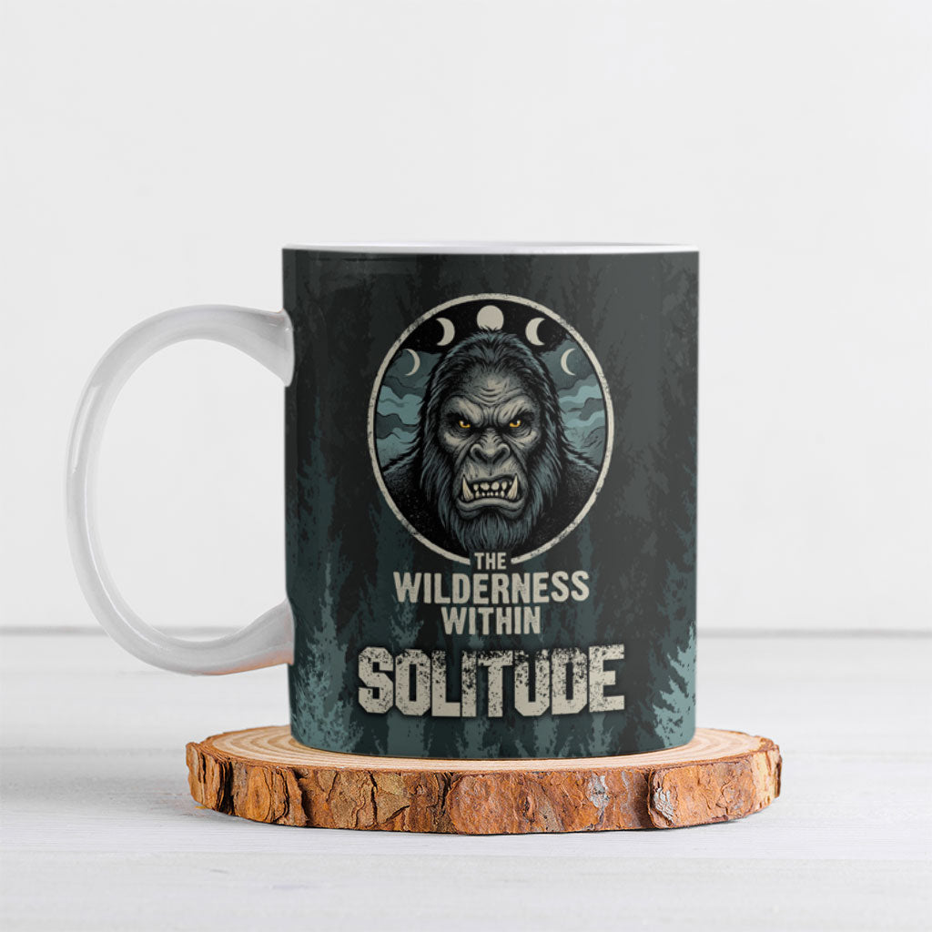 Bigfoot Wilderness Solitude Ceramic Mug Cryptid Forest Graphic In Distressed Vintage Style