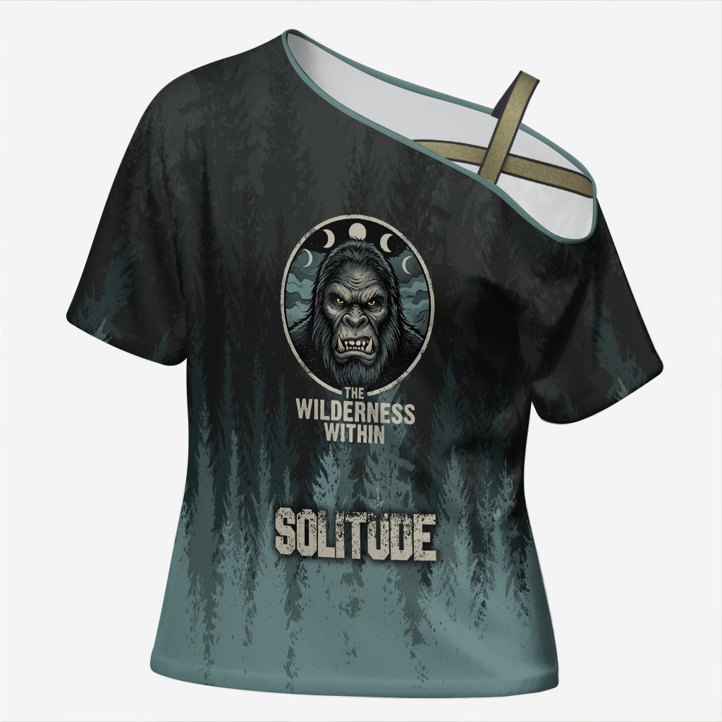 Bigfoot Wilderness Solitude Cross Shoulder Shirt Cryptid Forest Graphic In Distressed Vintage Style