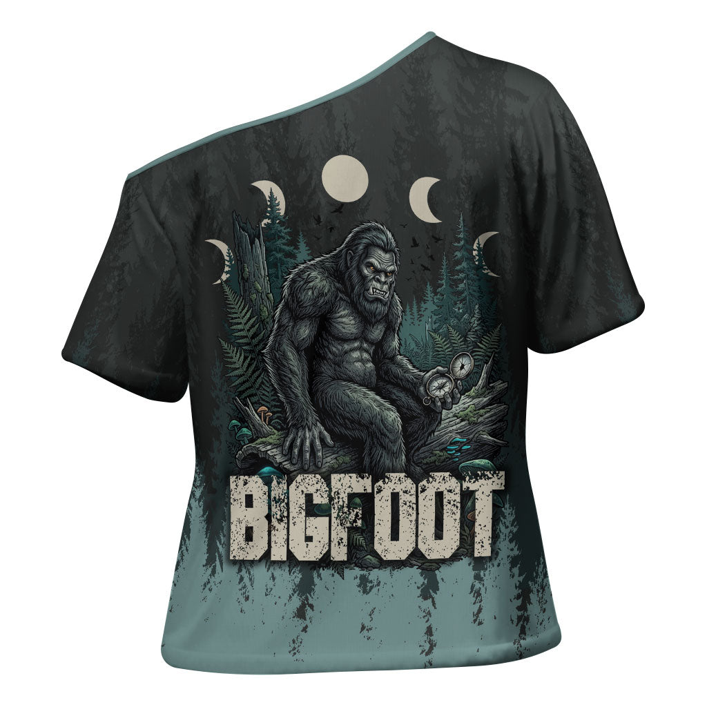 Bigfoot Wilderness Solitude Cross Shoulder Shirt Cryptid Forest Graphic In Distressed Vintage Style
