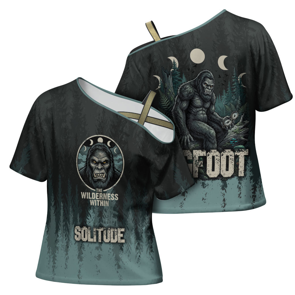 Bigfoot Wilderness Solitude Cross Shoulder Shirt Cryptid Forest Graphic In Distressed Vintage Style