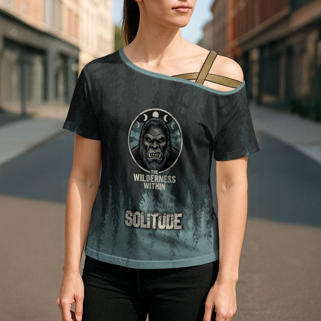 Bigfoot Wilderness Solitude Cross Shoulder Shirt Cryptid Forest Graphic In Distressed Vintage Style