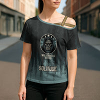 Bigfoot Wilderness Solitude Cross Shoulder Shirt Cryptid Forest Graphic In Distressed Vintage Style