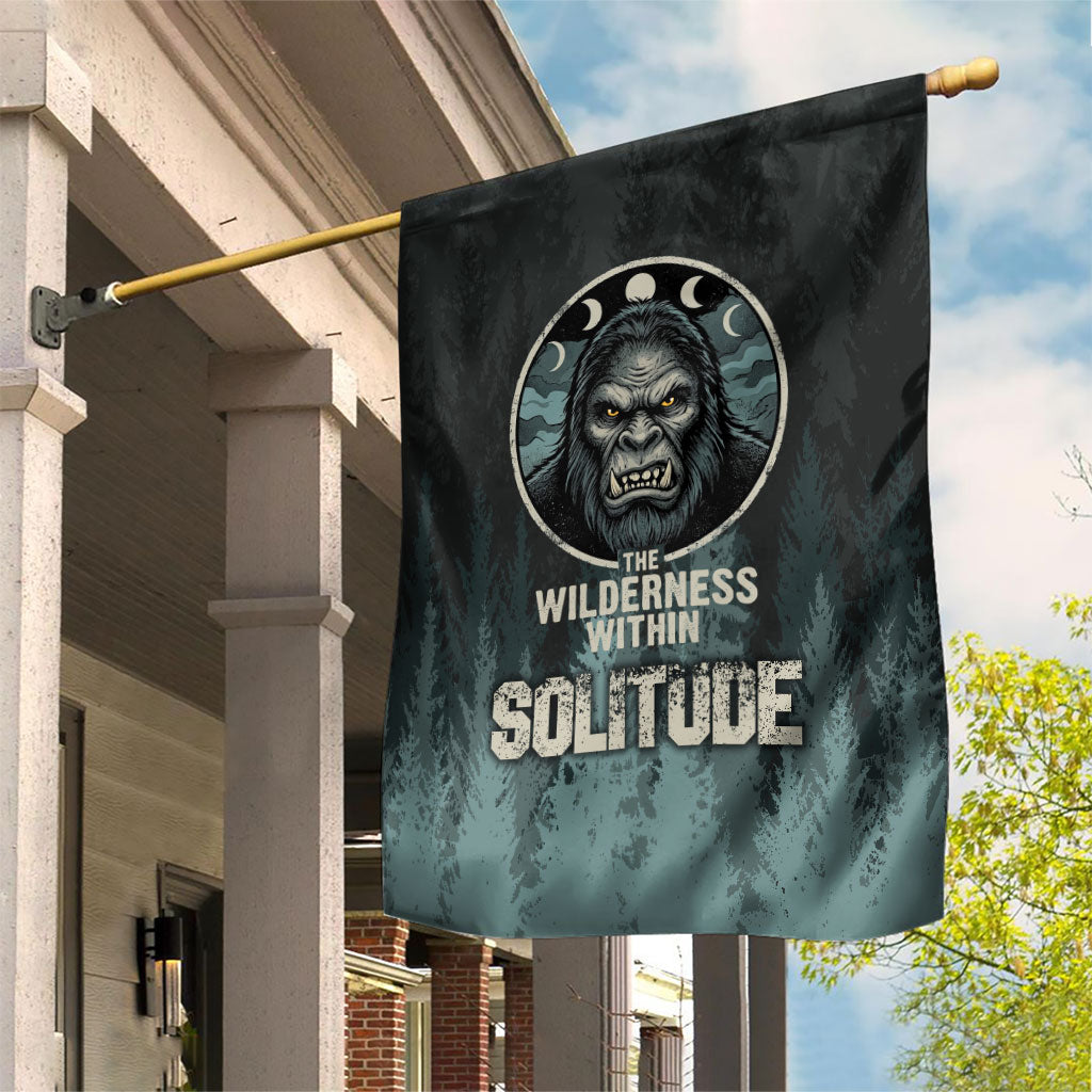 Bigfoot Wilderness Solitude Garden Flag Cryptid Forest Graphic In Distressed Vintage Style