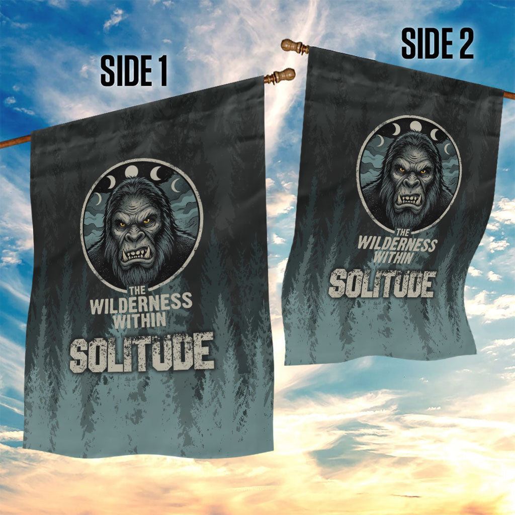Bigfoot Wilderness Solitude Garden Flag Cryptid Forest Graphic In Distressed Vintage Style