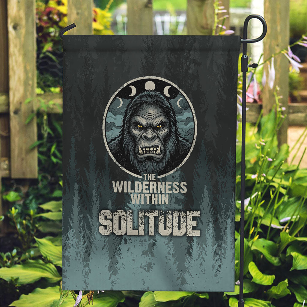 Bigfoot Wilderness Solitude Garden Flag Cryptid Forest Graphic In Distressed Vintage Style